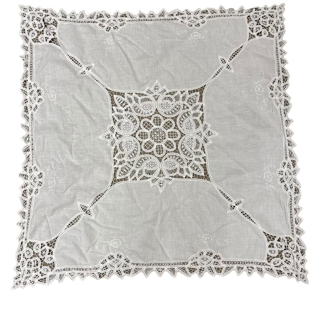 Vintage Embroidered 42" Tablecloth Square Crochet Lace Granny White Victorian